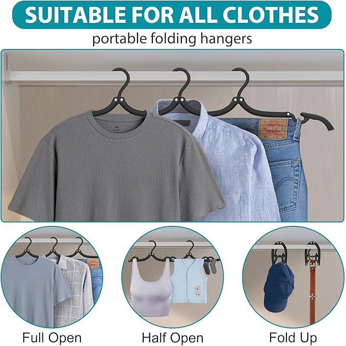 10 Pcs Travel Hangers Portable Foldable Travel Hanger Organizer, Plastic Cruise Ship Accessories Essentials Clothes Hanging Rack Folding Hangers for Traveling Camping Flying RV Europe Suitcase, Black