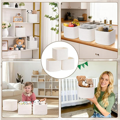 3 Pack Cube Storage Bin, 9”x9”x7” Cotton Rope Woven Baskets for Organizing Toys Clothes Towels, Square Gift Storage Baskets for Shelf, Nursery, Closet, Bathroom, Pantry (White)