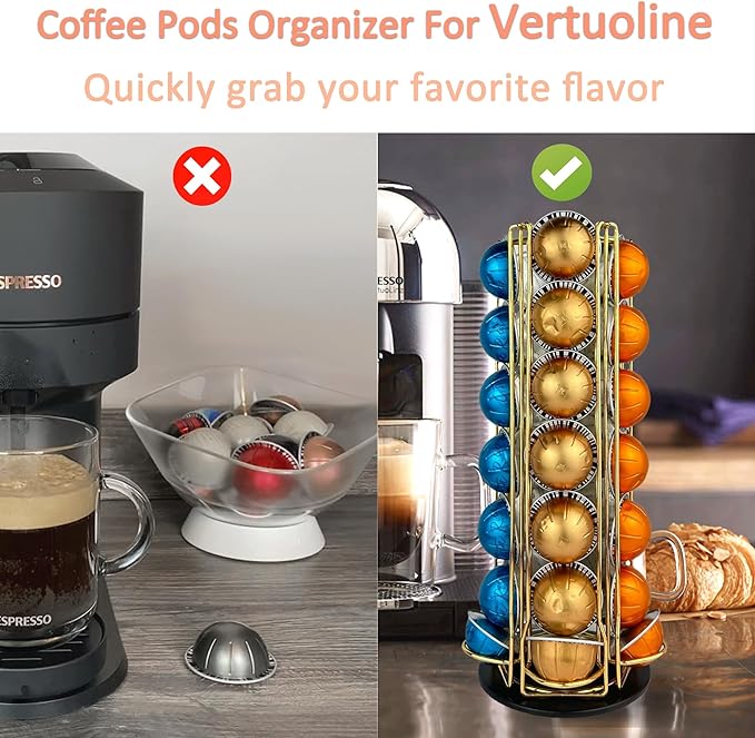 Coffee Pod Holder Carousel Organizer for Nespresso - 35 Capsule Coffee Pod Holder with 360° Rotation, Space-Saving Design for Kitchen Countertops (Gold)