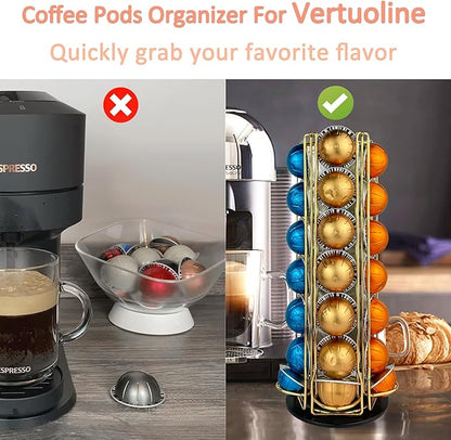 Coffee Pod Holder Carousel Organizer for Nespresso - 35 Capsule Coffee Pod Holder with 360° Rotation, Space-Saving Design for Kitchen Countertops (Gold)