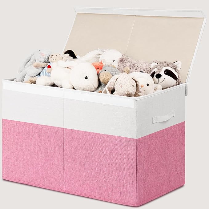 INDRESSME 25"x13"x16" Large Toy Storage Box with Lid, Collapsible Storage Organizer Baby Toy Storage for Kids Boys Girls, Toy Bin Organizer for Nursery, Bedroom, Living Room (Pink & White)