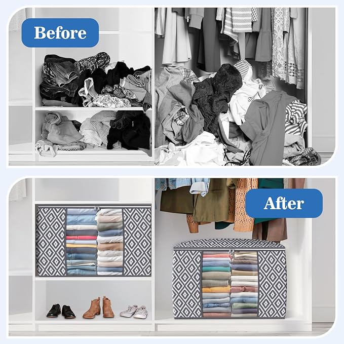 StorageTastic Direct 100L, 4 Pack, Storage Containers, Large Clothes Storage Bins Foldable Organization and Storage Bags with Reinforced Handle, Clear Window for Bedding, Blankets, Clothing, Grey