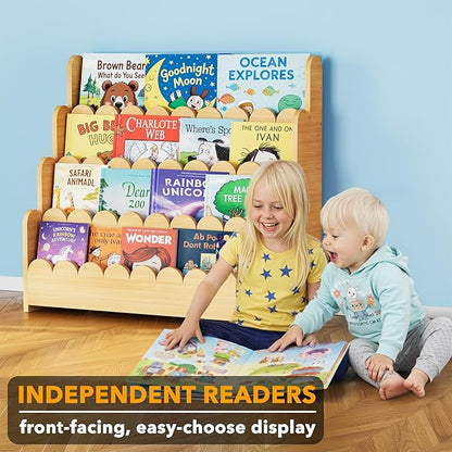 SpaceAid 4-Tier Scalloped Bookshelf, Montessori Bookcase for Toddlers, Wooden Book Shelf Organizer Display Furniture for Kids Rooms, Playroom, Nursery and Classroom, 29.6“ Wide, Natural