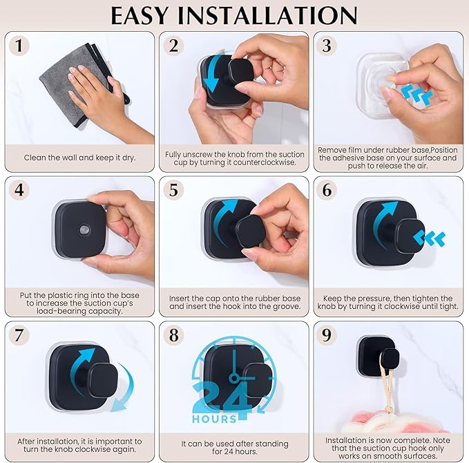 warlve Suction Cup Hooks for Shower - Reusable No-Drill Mounting - Hooks for Towels, Robes & Loofah on Metal, Glass, Mirrors, Tile & Smooth Non-Porous Surfaces (2, Matte Black)