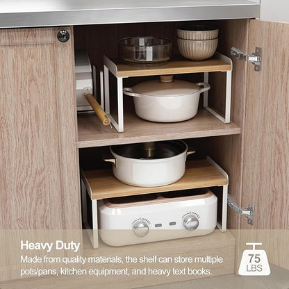 Mitus Shelf Organizer and Storage, Tiered Wood Cabinet Rack for The Kitchen Counter, Bathroom Counter, Pantry Cupboard, Office Desk Bookshelf, 16" Wide Natural and Black