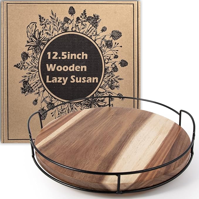 Acacia Wood Lazy Susan with Handles, 12.5" Organizer Turntable, Steel Sided, 360 Degree for Countertop or Dining Table (Black)