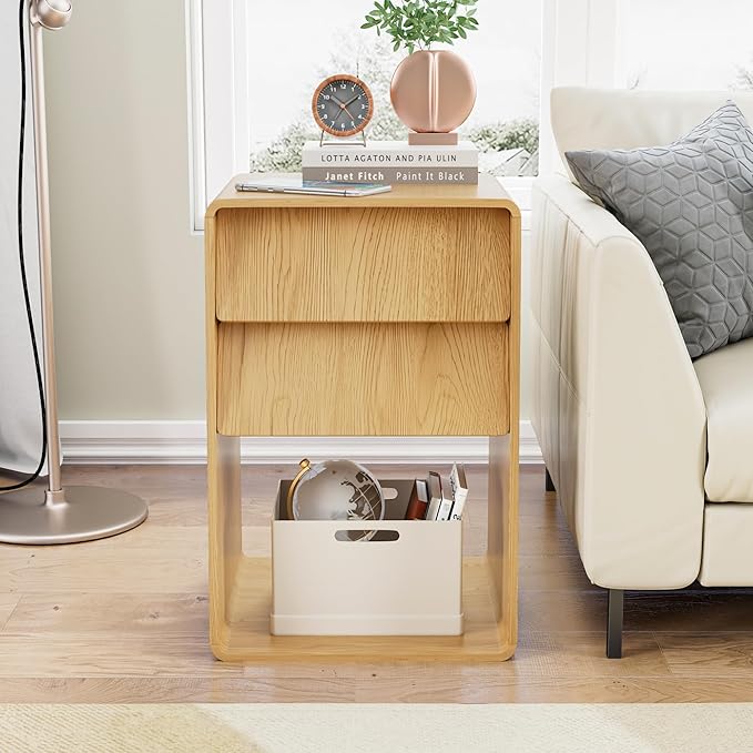 Small Nightstand Set of 2, Boho Bedside Table, Wooden Night Stand with Storage, Mid Century Modern Bed Side Table, Wood End Table with Slanted 2 Drawers, Bedroom, Natural, Oak