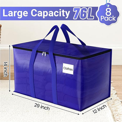 FabSpace Moving Storage Bags, Moving Supplies Packing Boxes for Moving, Camping, College Dorm Room Essentials for Girls, Blue Tote Bags, Heavy-Duty Storage Bins With Lids And Zippers, 76L 8Pack