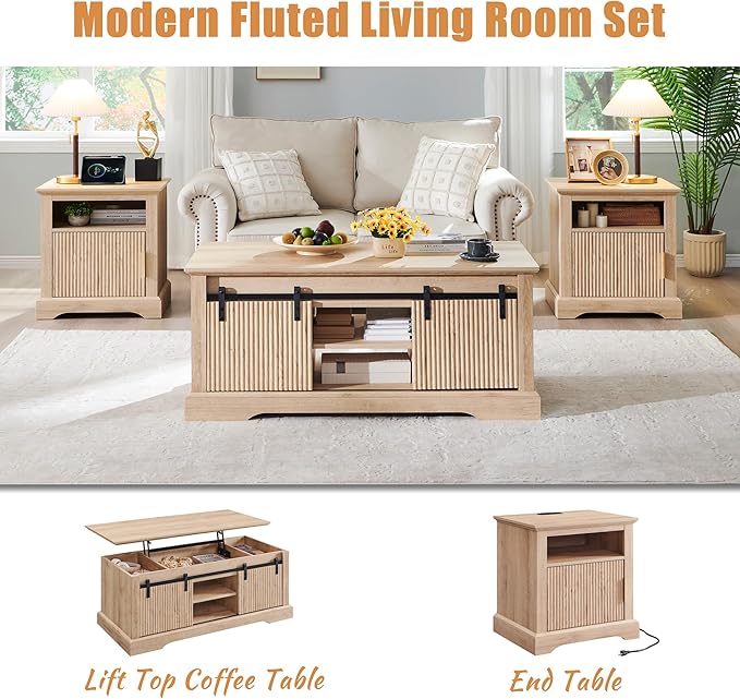 wow97e 22" Large Fluted Nightstand with Charging Station, Modern End Table, Wood Side Table w/Open Shelf & Spacious Tabletop, Bedside Table with Storage Space for Bedroom, Living Room-Natural