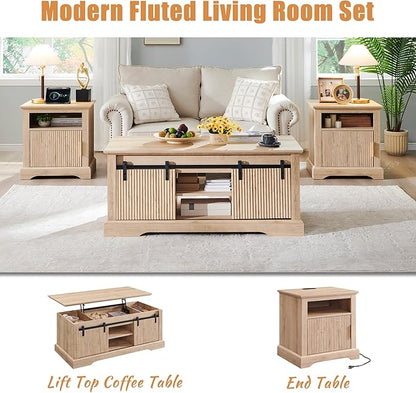 wow97e 22" Large Fluted Nightstand with Charging Station, Modern End Table, Wood Side Table w/Open Shelf & Spacious Tabletop, Bedside Table with Storage Space for Bedroom, Living Room-Natural