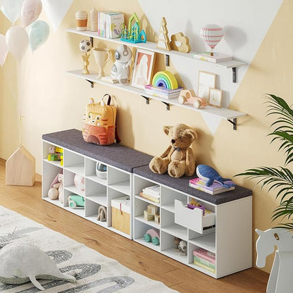 DINZI LVJ Shoe Storage Bench with Cushion, Cubby Shoe Rack with 12 Cubbies, Adjustable Shelves, Multifunctional Shoe Organizer Bench for Entryway, Mudroom, Hallway, Closet and Garage, White
