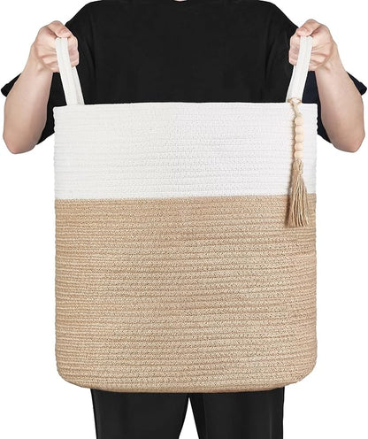 Mkono Woven Storage Basket Decorative Rope Basket Wooden Bead Decoration for Blankets,Toys,Clothes,Shoes,Plant Organizer Bin with Handles Living Room Home Decor, 15"Wx17.7"L,White and Yellow