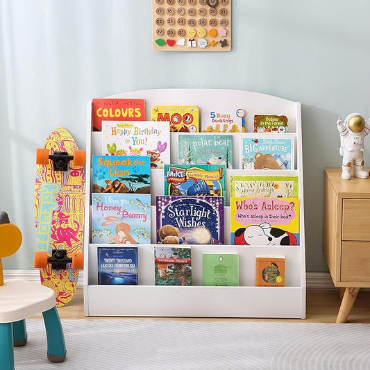 TOETOL 5-Tier Kids Bookshelf - Toddler Book Display Shelves for Classrooms, Playrooms, and Nursery - Wooden Children Book Rack (White)