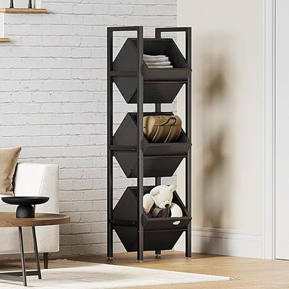 LITTLE TREE 3-Tier Basket Stand, Rustic Standing Organizer Storage Rack, Wooden Floor Stand Shelving Unit for Kitchen, Bathroom, Living Room
