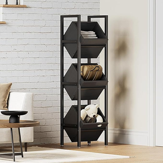 LITTLE TREE 3-Tier Basket Stand, Rustic Standing Organizer Storage Rack, Wooden Floor Stand Shelving Unit for Kitchen, Bathroom, Living Room