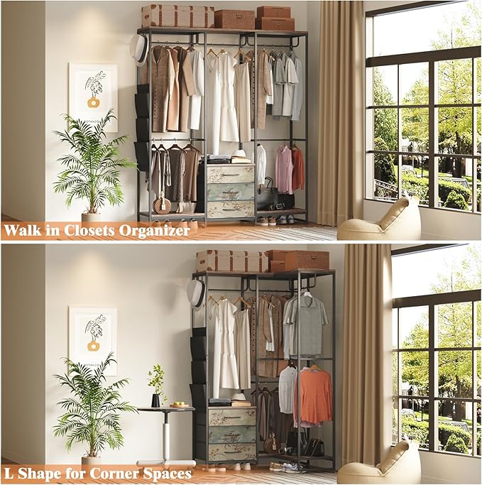 Garment Rack Heavy Duty Clothes Rack for Hanging Clothes, Freestanding Clothing Rack with 3 Fabric Drawers, Wood Stoarge Shelf, Adjustable Closet Racks, Corner L Shaped Closet System Organizers, Retro