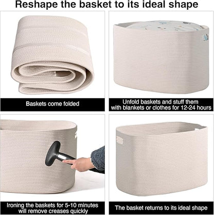 White Laundry Basket, Blanket Baskets for Living Room, Cotton Rope Baskets for Storage, Woven Basket for Blankets, Toys, Clothes, Shoes, White, 25”x16”x16” (105L)