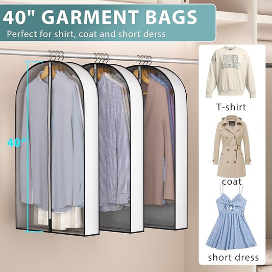 40” Garment Bags for Hanging Clothes 4” Gusseted - with Clear Window, Breathable Fabric, Metal Zipper, Suit Coat Dress Protector for Clothes Closet storage, Season Off, Moving, 3 Pack