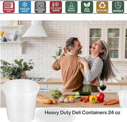 ProTakeOut 24oz [30 set] Heavy Duty Plastic Deli Container | BPA-Free Food Storage with Airtight Leak‑Proof Lids | Microwave, Freezer & Dishwasher Safe – Stackable, Bulk Reusable Soup & Meal Prep Tub