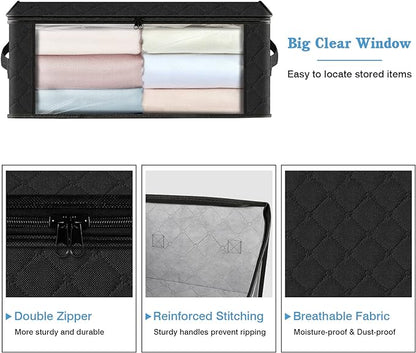 HomeHacks Storage 10-Pack Clothes Organizer Storage Bags Foldable Storage Box with Large Clear Window Sturdy Handles for Closet, Dorm, Pillows, Bedding, Clothes, Blankets, 35L, Black