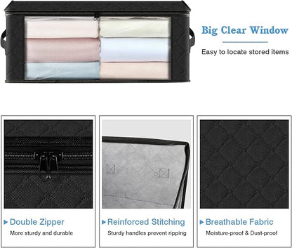HomeHacks Storage 4-Pack Clothes Organizer Storage Bags Foldable Storage Box with Large Clear Window Sturdy Handles for Closet, Dorm, Pillows, Bedding, Clothes, Blankets, 35L, Black