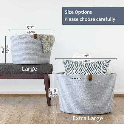 DENJA & CO Large Blanket Basket for Living Room - Decorative Woven Baskets for Storage | Cotton Rope Large Baskets for Blankets, Pillows, Toys, or Laundry | Light Gray (17.7" Wide x 11.4" Tall)