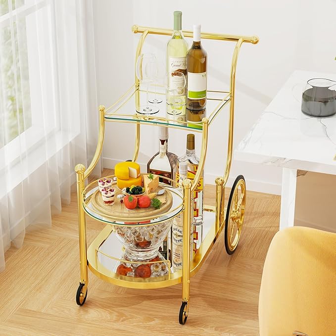 DORTALA Rolling Serving Cart, 3-Tier Metal Bar Cart with Tempered Glass, 4 Wheels Tea Serving Bar Cart for Livingroom, Kitchen, Gold