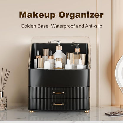 Plukers Makeup Organizer Countertop Vanity with Transparent Lid Drawers Waterproof Dustproof Cosmetic Skincare Bathroom Storage Gift for Women Teens Girls (Black)