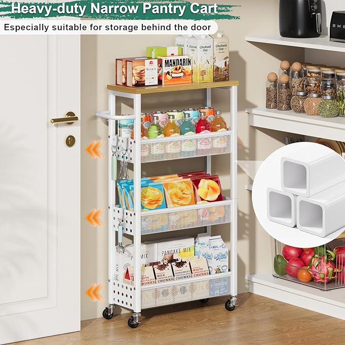 Slim Rolling Storage Cart, Laundry Room Organization and Storage Shelves for Between Washer and Dryer, Narrow Shelf Unit for Small Spaces, 4 Tier Thin Organizer Carts with Wheels for Bathroom, Kitchen