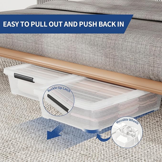 Uumitty 4Pack 40 Qt Plastic Under Bed Storage Organizer Bin Container with Secure Lids and Durable Wheels, Clear