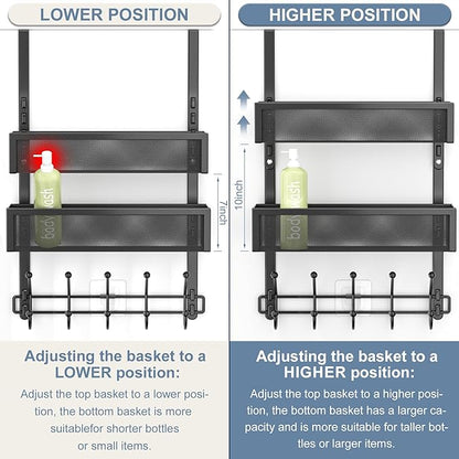 Aimeaihe Adjustable Over The Door Hooks Organizer, Door Hanger Coat Rack with 2 Mesh Baskets and 10 Hooks, Back of Door Storage Organizer for Bedroom,Bathroom,Kitchen (Black)