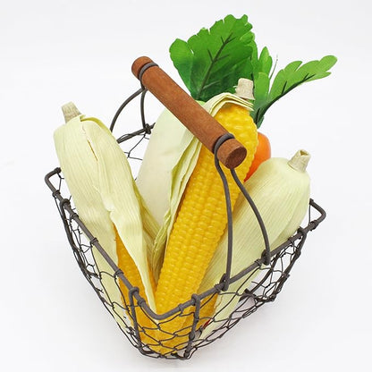 CVHOMEDECO. Square Chicken Wire Egg Basket Fruit Basket with Wooden Handle Primitives Vintage Gathering Basket. Rusty
