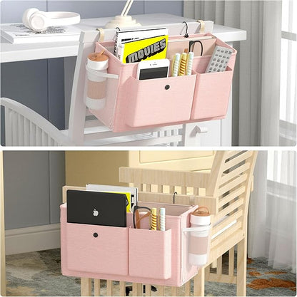 Edudif Bedside Caddy Bedside Organizer with Fixed Straps & Water Bottle Holder, Bunk Bed Caddy ideal for Home, Dorm, Hospital, Crib, Versatile Bedside Storage Solution (Pink 2pcs)