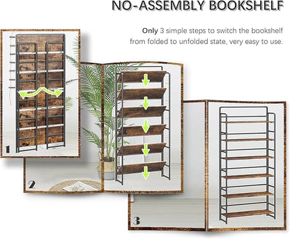 4NM No Assembly Extra Wide 6 Tiers Folding Bookshelf Storage Shelves Vintage Bookcase Standing Racks Study Organizer Home Office (Rustic Brown Black)