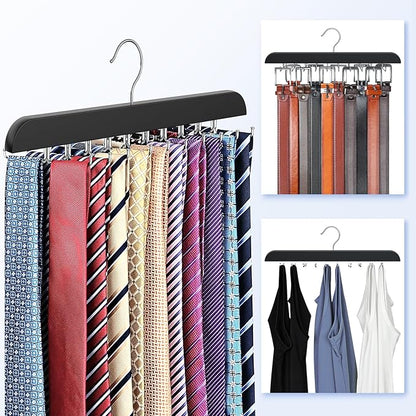 RESOVO Upgraded Tie Rack Hanger with 20 Foldable Metal Hooks, Space Saving Necktie Organizer for Men – Large Capacity Tie and Belt Wooden Hanger for Closet - Black 2 Pack