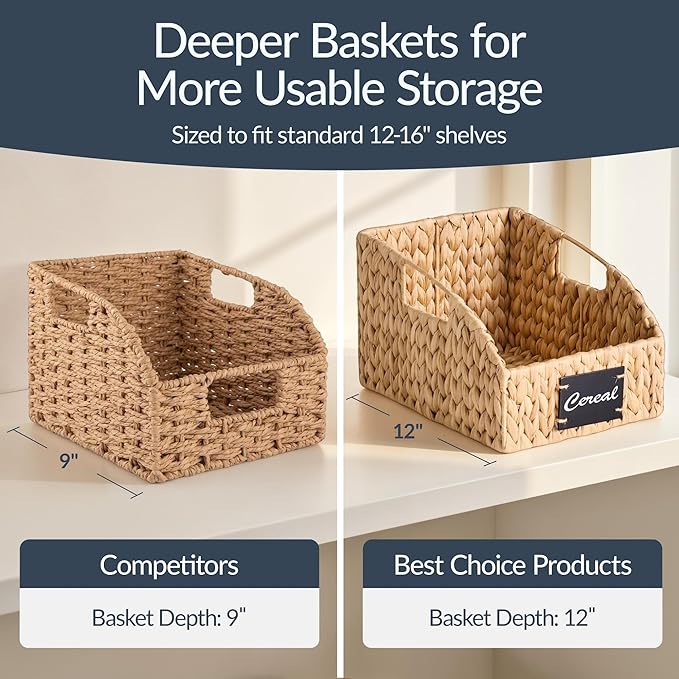 Best Choice Products Natural Hyacinth Angled Pantry Storage Baskets, Woven Wicker Storage Bins w/Handles, Storage Container Baskets for Shelves, Chalkboard Label & Marker (Pack of 2) - Natural