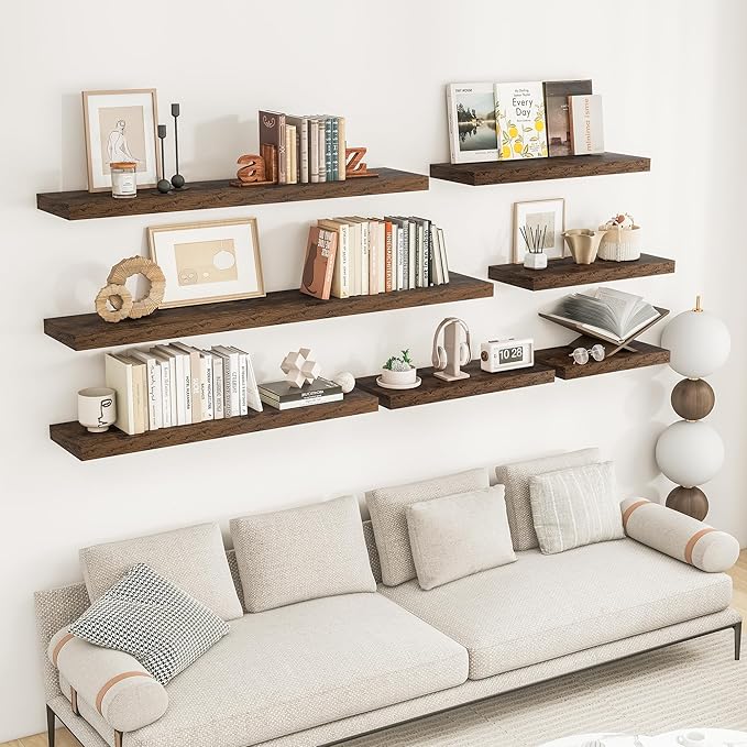RICHFOCUS 24Inch Floating Shelves for Wall 2 Pack Shelves for Bedroom|Kitchen|Bathroom Wall Mounted Rustic Wood Floating Shelf with Invisible Brackets for Books|Storage|Decor, Rustic Brown