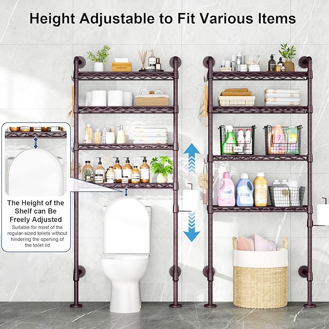 Roxibelt K3 Wall Mounted 4-Tier Over the Toilet Storage，Metal Above Toilet Storage with Paper Hook,Over Toilet Bathroom Organizer with Adjustable Shelf，Above Toilet Rack 9.7"Dx 25.6"Wx 74.3"H,Espresso