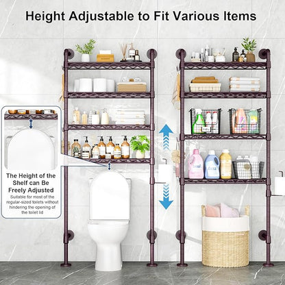 Roxibelt K3 Wall Mounted 4-Tier Over the Toilet Storage，Metal Above Toilet Storage with Paper Hook,Over Toilet Bathroom Organizer with Adjustable Shelf，Above Toilet Rack 9.7"Dx 25.6"Wx 74.3"H,Espresso