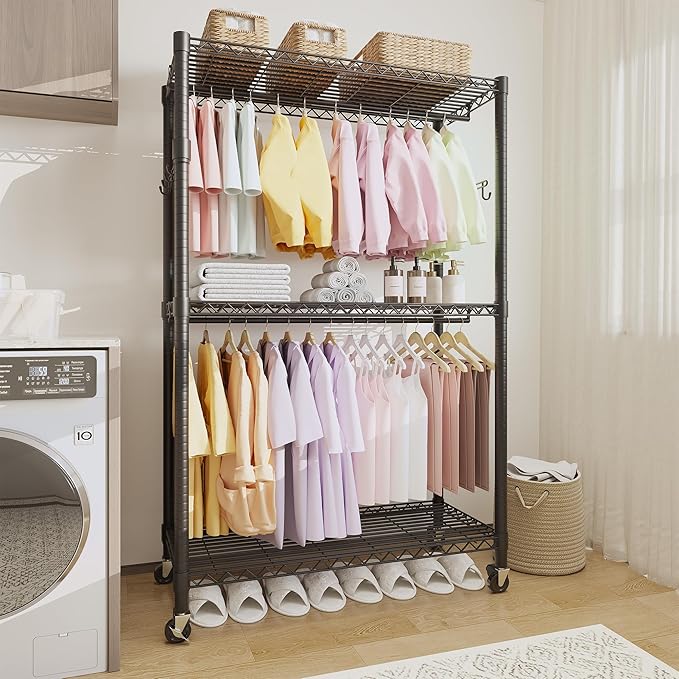 Garvee 3 Tier Clothes Rack with Wheels, Adjustable Shelves & 2 Hanging Rod, Heavy Duty Clothing Rack Closet Organizer Freestanding Wardrobe for Hanging Clothes, 79.6" H x 45.3" W x 15.8" D, Black