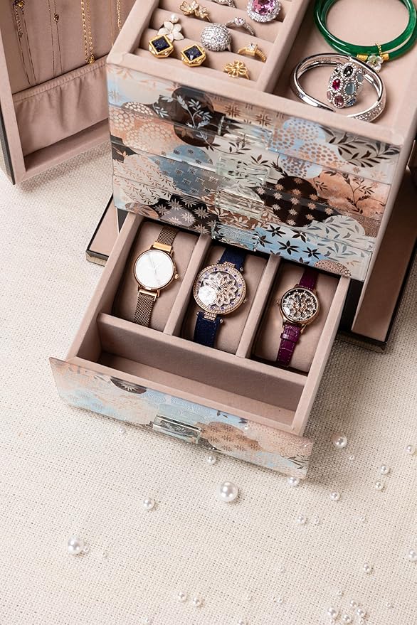 Homruilink High End Glass Jewelry Box - 5 Layer Jewelry Organizer with 2-Sided Doors and Mirror - Velvet-Lined Organizer For Ring, Necklace, Earring, Bracelet Storage - Gift For Women