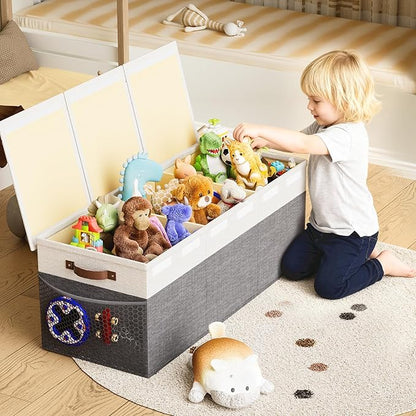 Dayacoco Extra Large Toy Box Chest with Lids, Collapsible Sturdy Kids Toy Storage Organizer Boxes for Boys Girls, Collapsible Sturdy Toys Chest Storage Organizer Bin Basket,40"X14"X16", Gray & White
