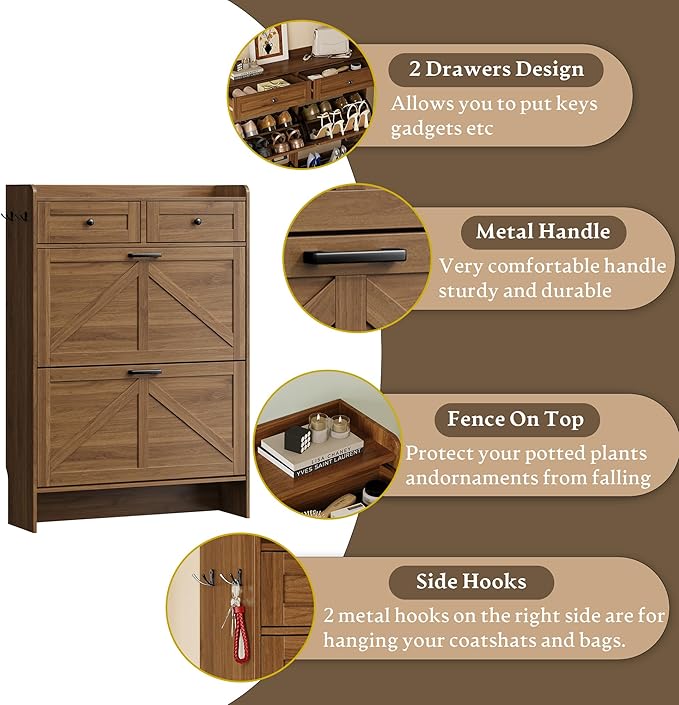Shoe Storage Cabinet for Entryway, Farmhouse Narrow Shoe Cabinet with 2 Flip Drawers & Top Drawers, Adjustable Shelves & Hooks, Freestanding Hidden Rack Organizer for Hallway, Foyer