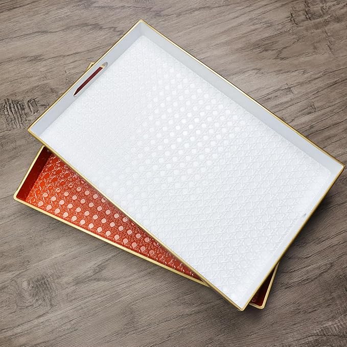 White Decorative Coffee Table Tray, Rectangular Plastic Serving Tray with Handles for Living Room, Ottoman, Bathroom, 15.7"*10.2"