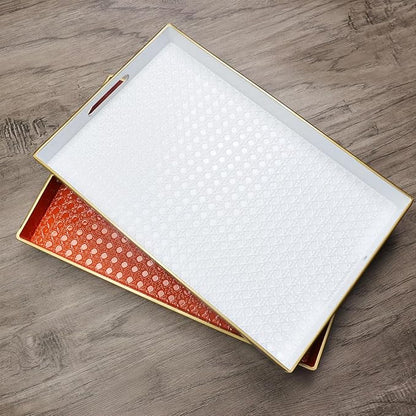 White Decorative Coffee Table Tray, Rectangular Plastic Serving Tray with Handles for Living Room, Ottoman, Bathroom, 15.7"*10.2"