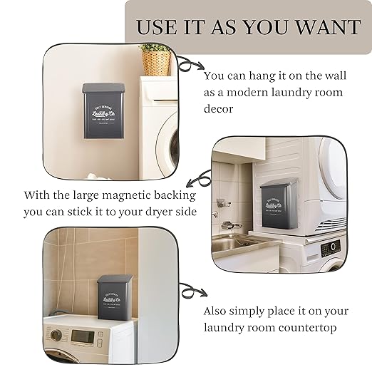 Magnetic Lint Bin for Laundry Room, Wall Mounted Lint Trash can with lid for Dryer, Farmhouse Laundry Co Sign, Laundry Room Organization and Storage Decor with Dryer Lint Brush(Grey)