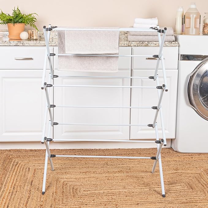 Household Essentials Folding Clothes Drying Rack with Strong Steel Frame and 11 Coated Dowels, White