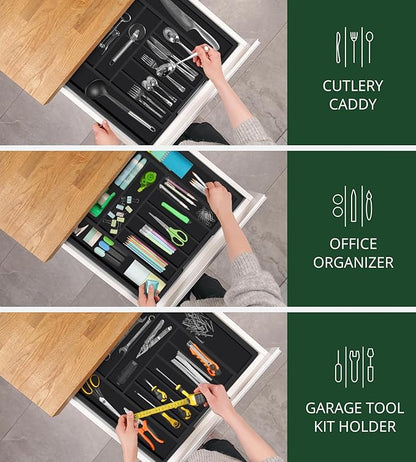 ROYAL CRAFT WOOD Luxury Bamboo Kitchen Drawer Organizer - Silverware Organizer - Utensil Holder and Cutlery Tray with Grooved Drawer Dividers for Flatware and Kitchen Utensils (9 Slot, Black)