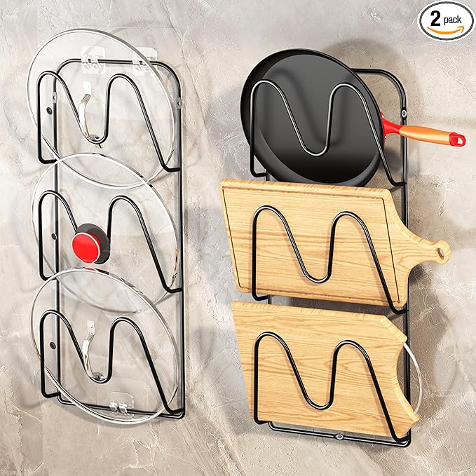 MZTOOL 2 Pack Pot-Lid-Organizer, 6-Tier Pots and Pans Lid Organizer Under Cabinet, No Drilling, Rustproof, Lid-Organizers-Inside-Cabinet for Small-Space-Solution & Kitchen Cabinet Organization