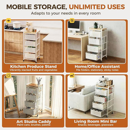 5 Tier Kitchen Storage Cart with Wheels, Utility Fruit Vegetable Storage Rack Stand with Pull-Out Baskets & Wood Top, Metal 4-Drawers Rolling Snack Cart, Kitchen Cart for Potato Onion(White)